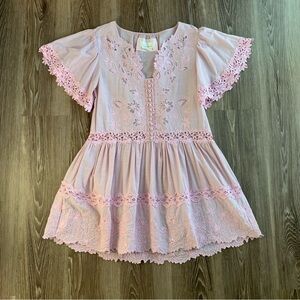 Anthropologie Boho Pink Lace Embroidered Mini Dress XS M Short Sleeve Relaxed